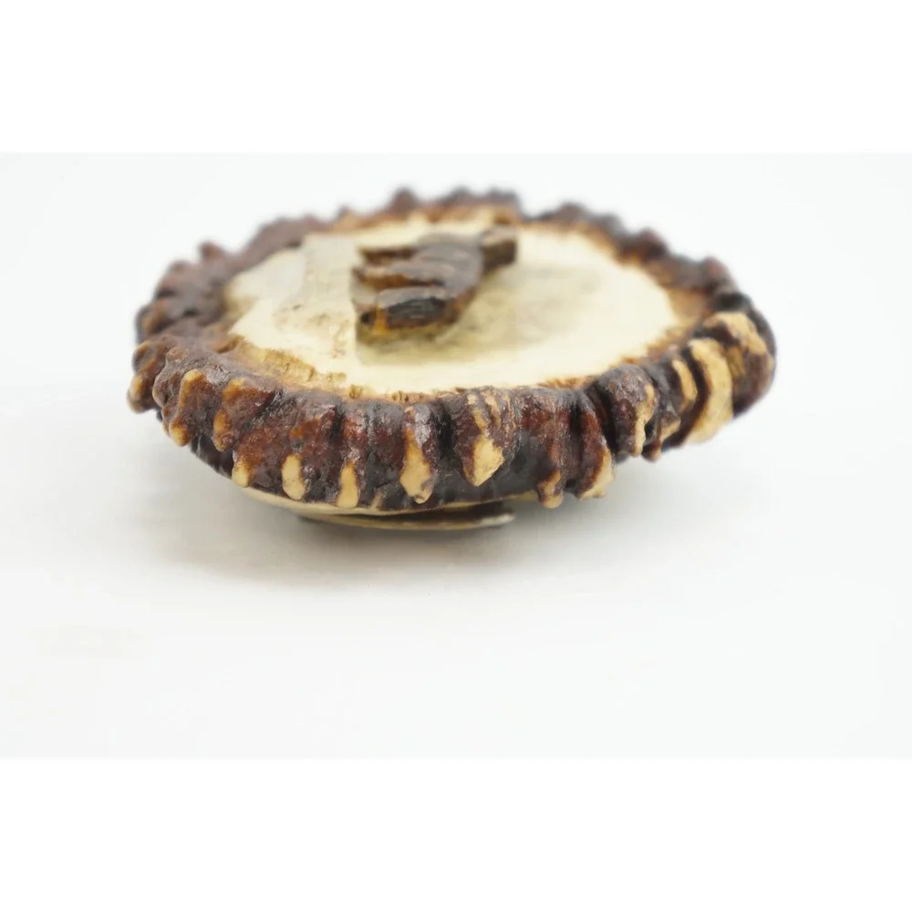 Vintage Handmade Elk Antler Burr Belt Buckle Brown Carved Wolf Wildlife EUC